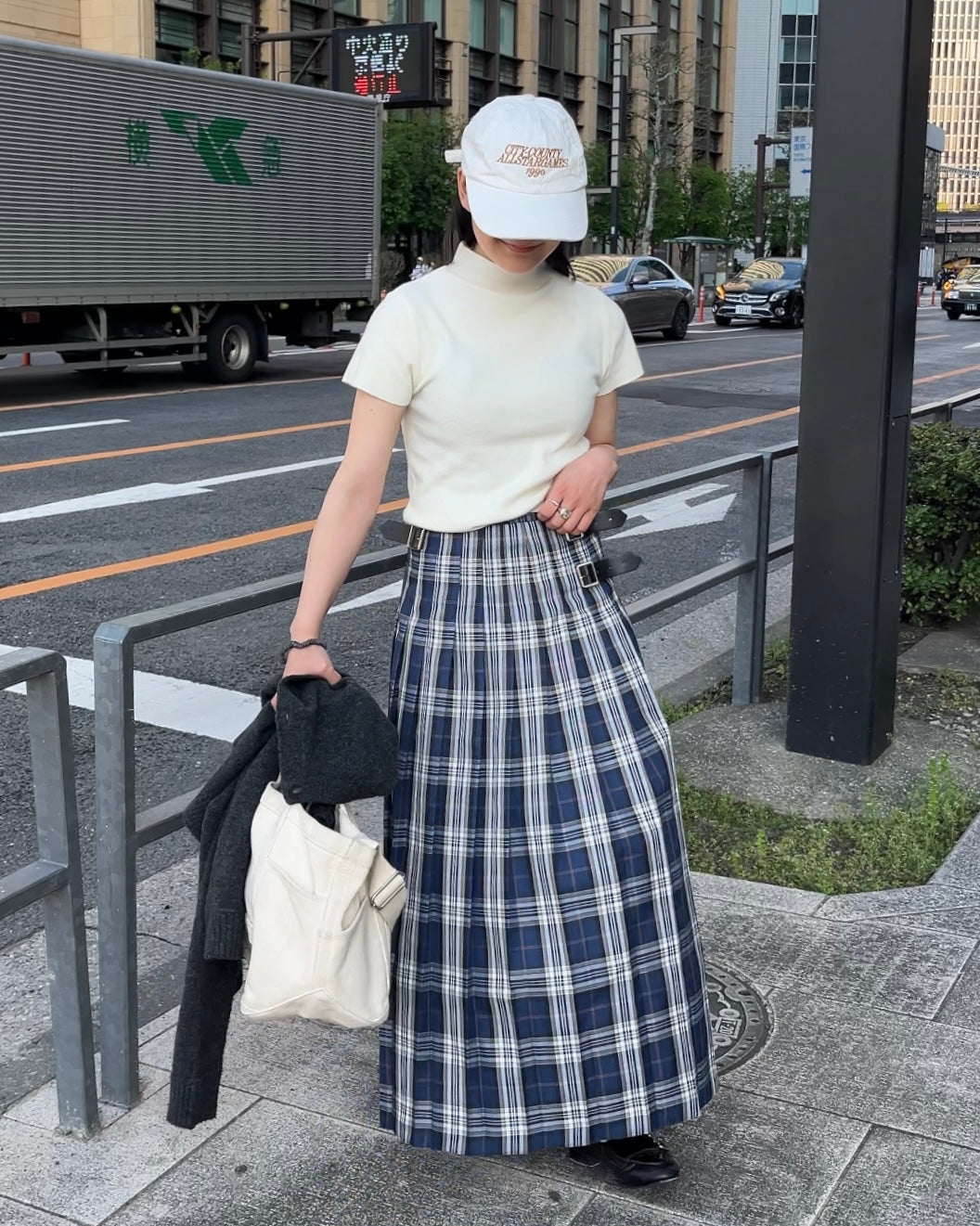 pleats check skirt blue×white
