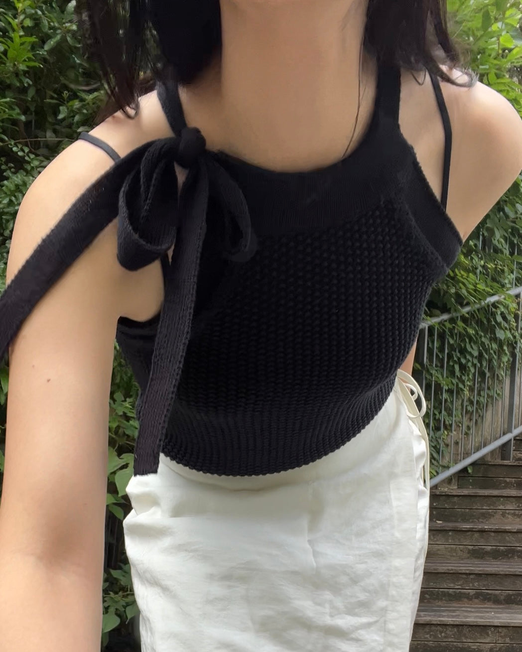 knit ribbon tank top black