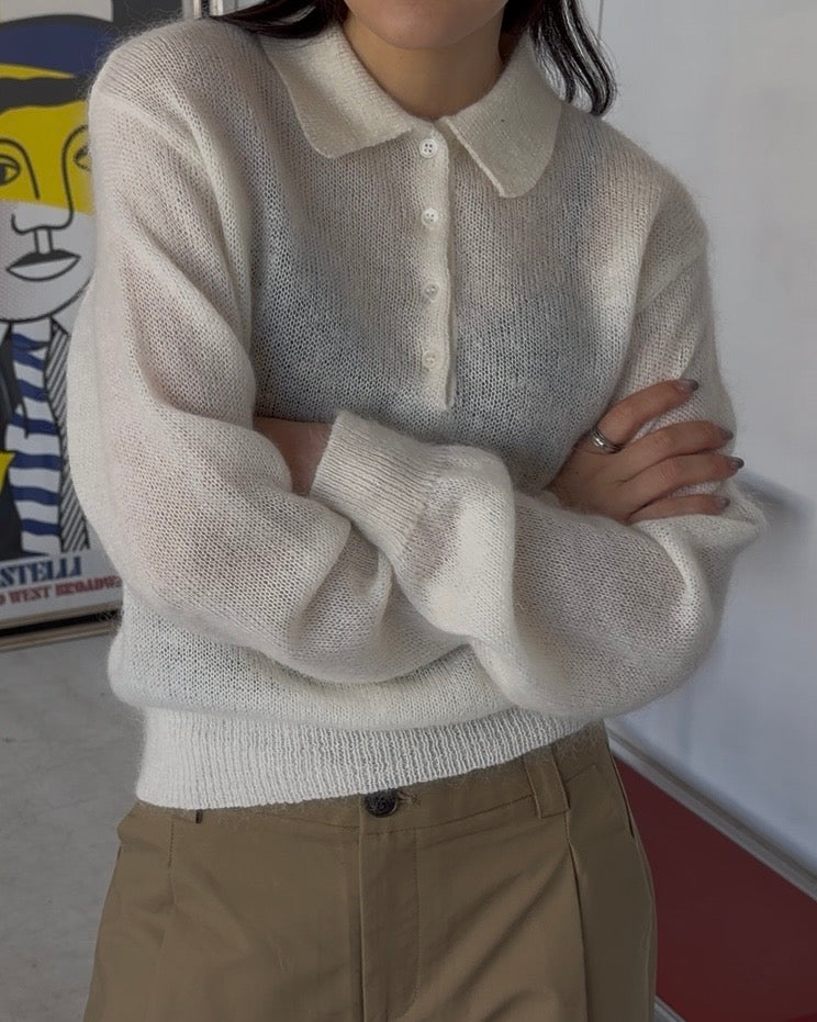 Nylon Wool Mohair Soft Polo Knit white