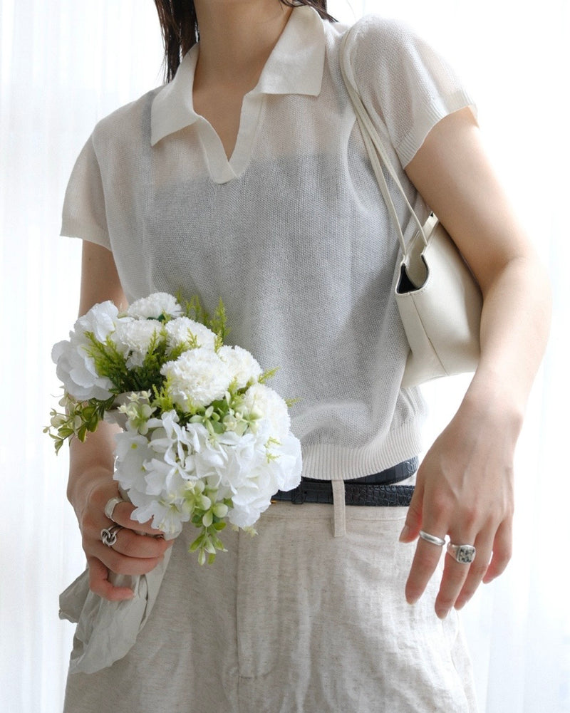 [9/10new]linen Summer Knit Polo white