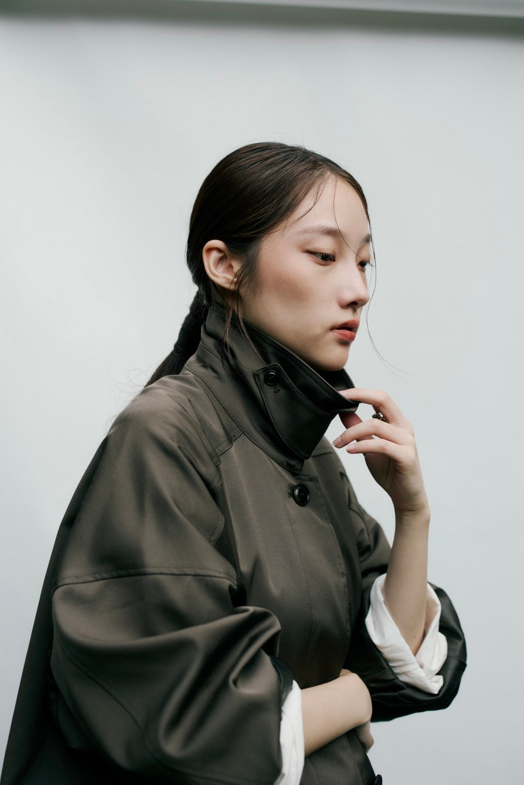 stand collar A-line coat KAK