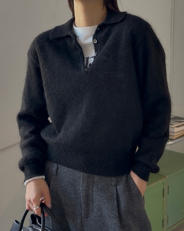 Nylon Wool Mohair Soft Polo Knit BLACK