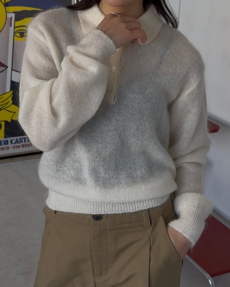 Nylon Wool Mohair Soft Polo Knit white