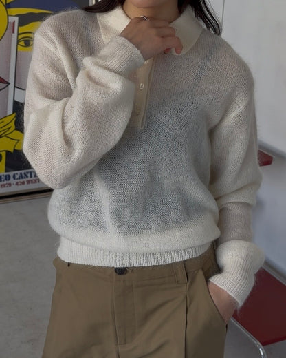 Nylon Wool Mohair Soft Polo Knit white