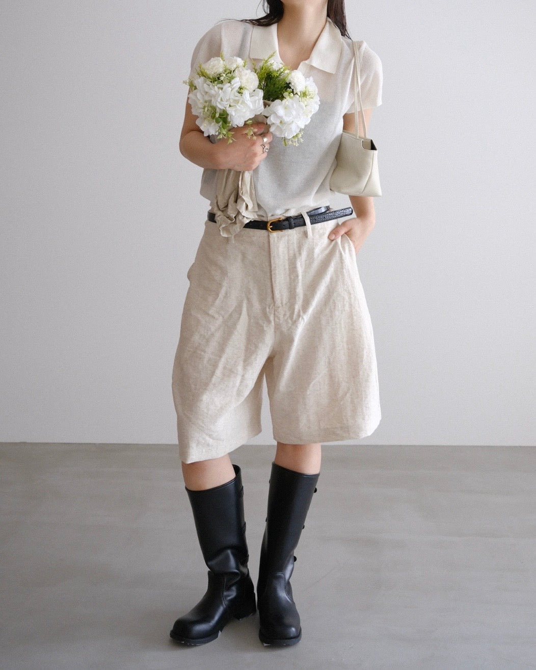 [9/10new]linen Summer Knit Polo white