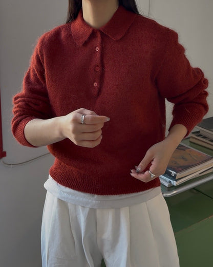 Nylon Wool Mohair Soft Polo Knit RED