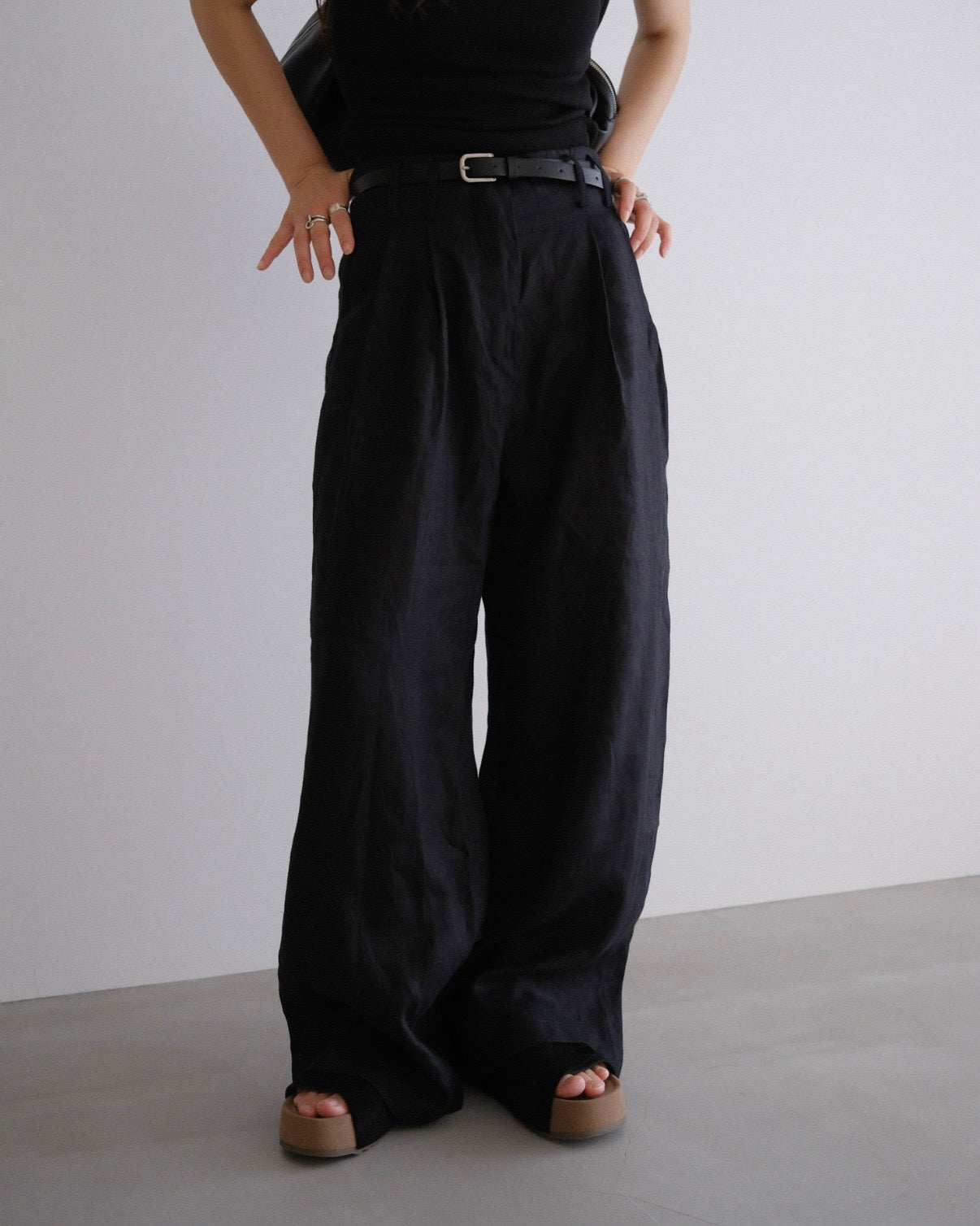 [8/20new]full linen belt pants black