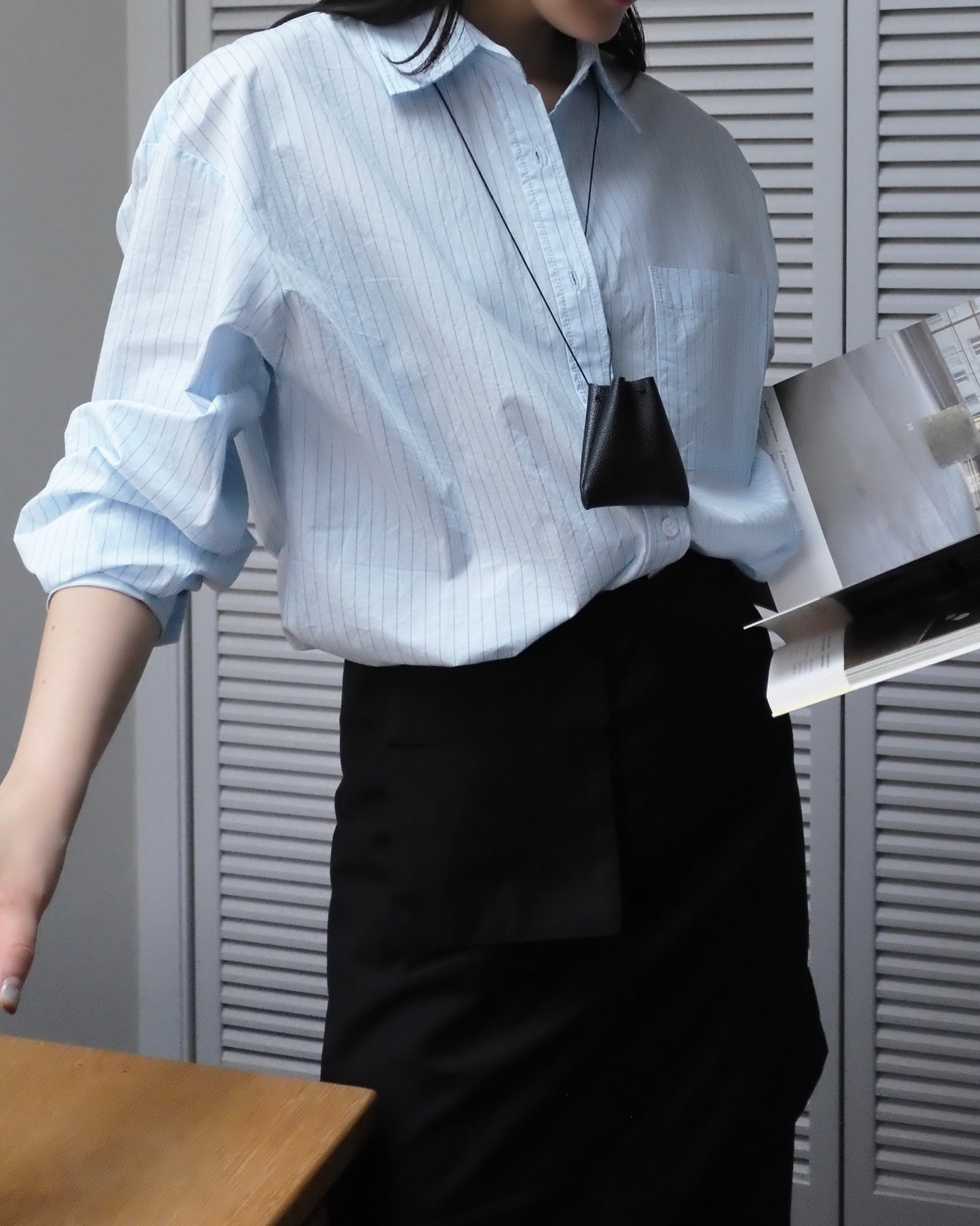 [4/9 new]Cotton Stripe Loose Shirt blue