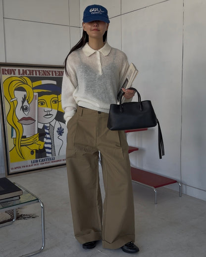 Nylon Wool Mohair Soft Polo Knit white