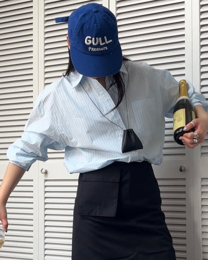 [4/9 new]Cotton Stripe Loose Shirt blue