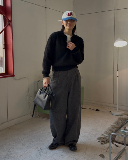 Nylon Wool Mohair Soft Polo Knit BLACK