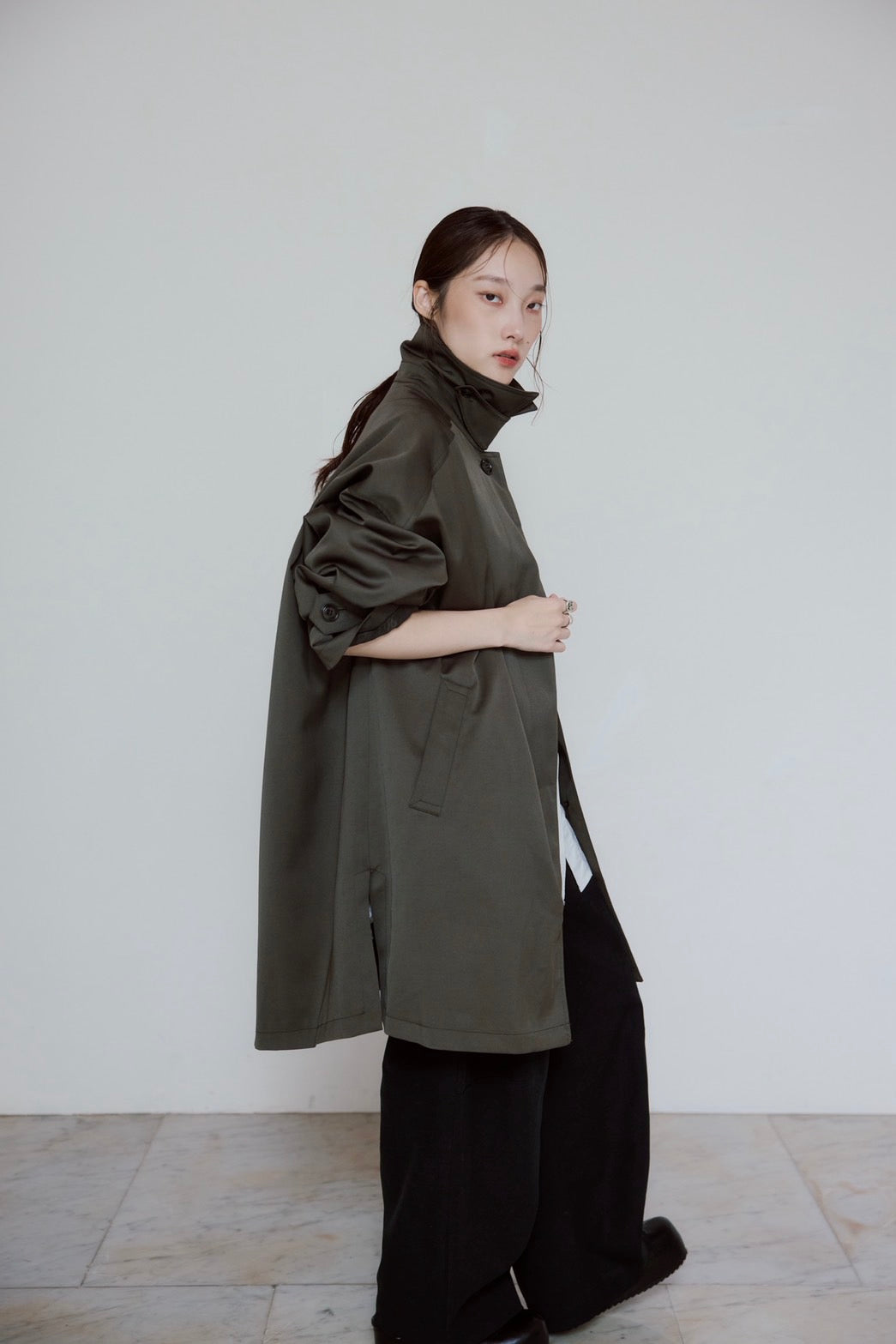 stand collar A-line coat KAK