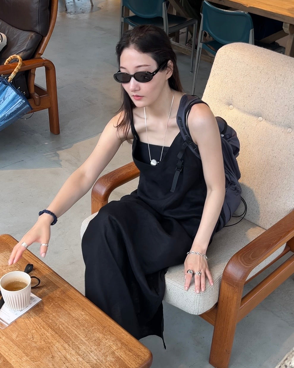 [7/2new]linen loop onepiece black