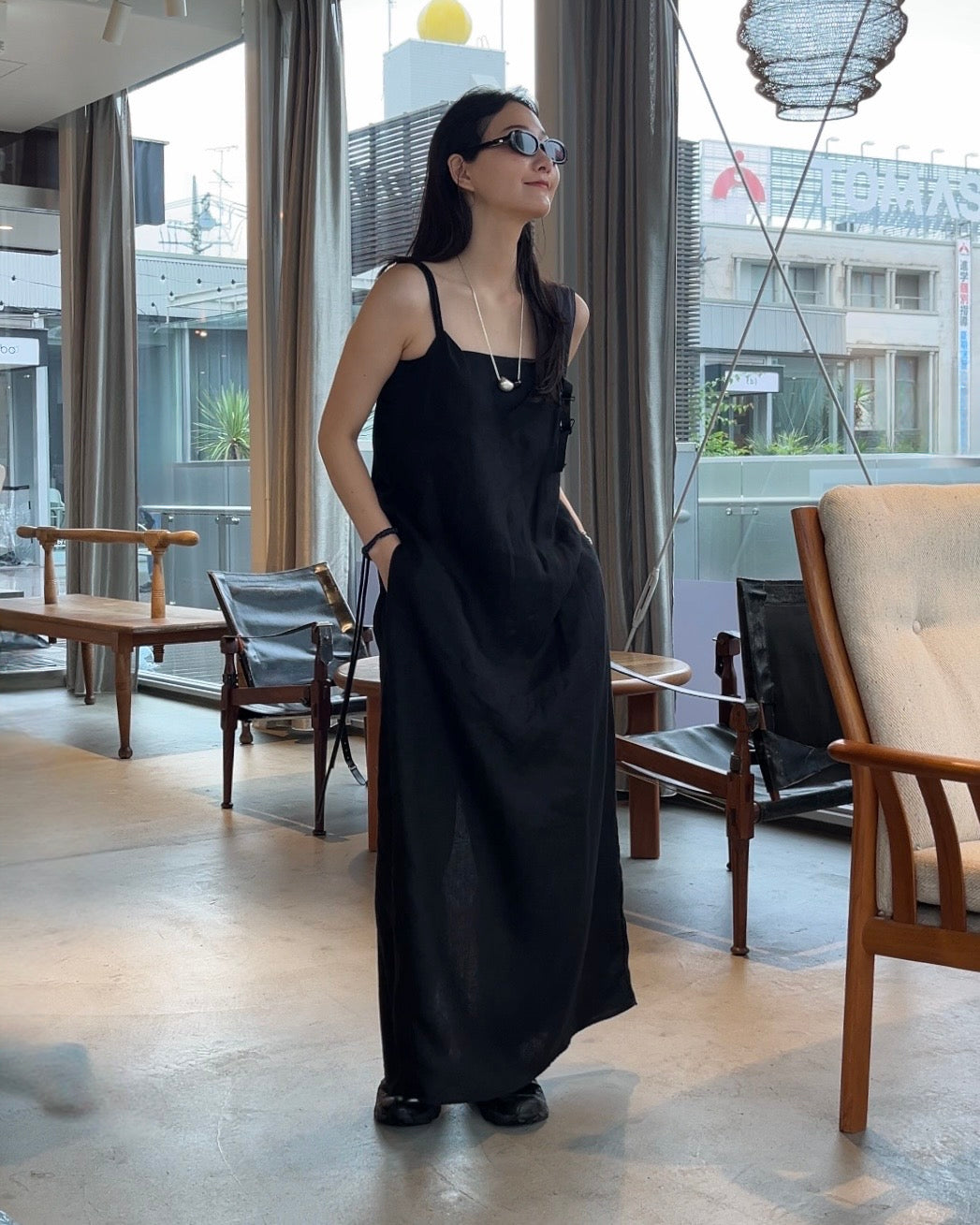 [7/2new]linen loop onepiece black