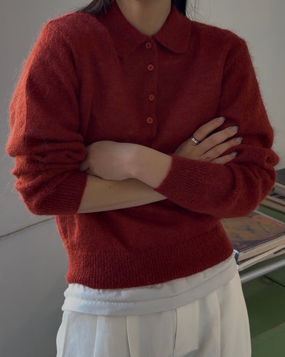 Nylon Wool Mohair Soft Polo Knit RED