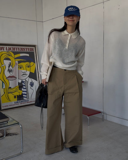 Nylon Wool Mohair Soft Polo Knit white