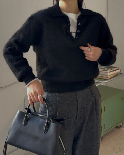 Nylon Wool Mohair Soft Polo Knit BLACK