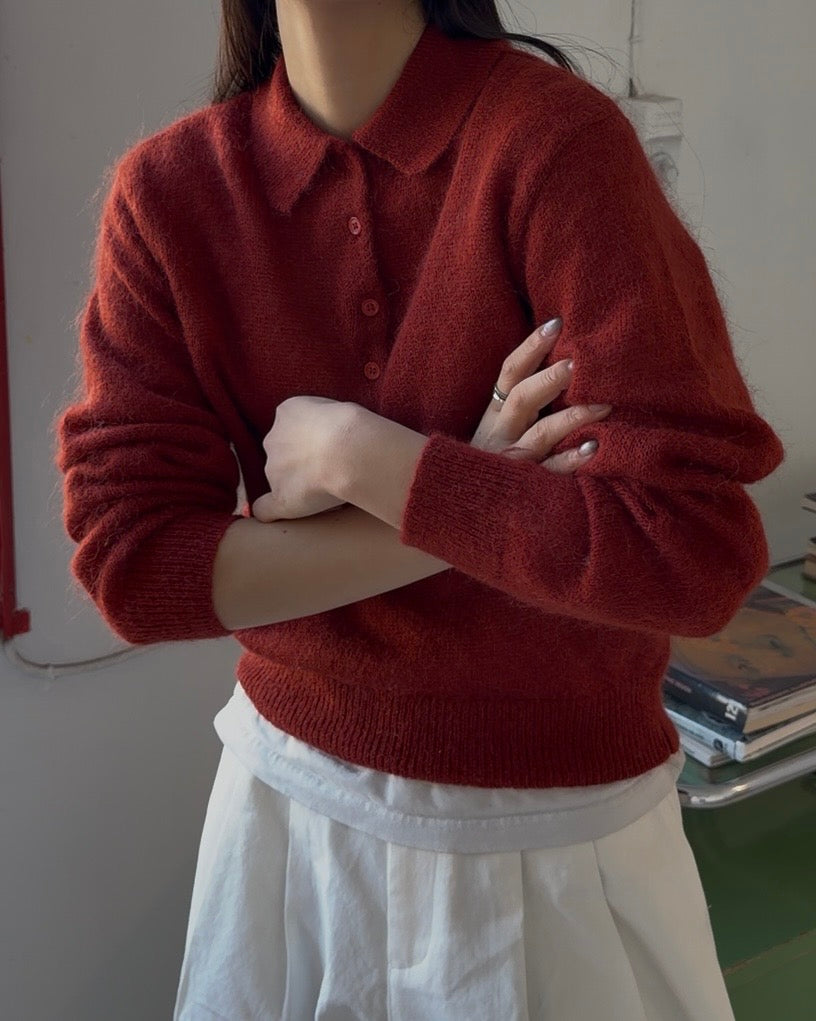 Nylon Wool Mohair Soft Polo Knit RED