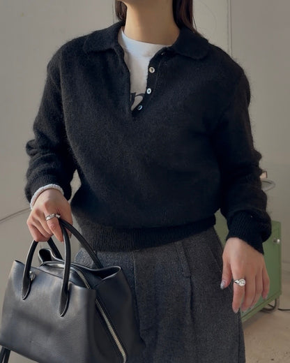 Nylon Wool Mohair Soft Polo Knit BLACK