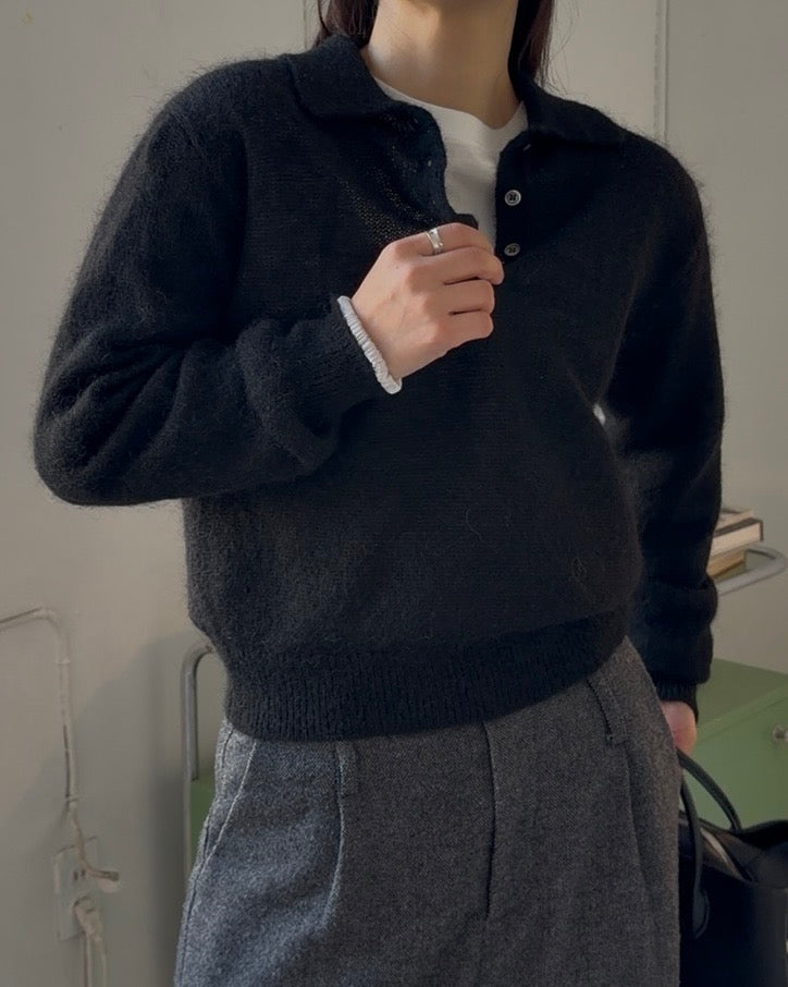 Nylon Wool Mohair Soft Polo Knit BLACK