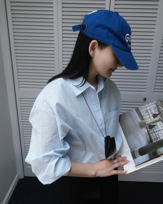 [4/9 new]Cotton Stripe Loose Shirt blue