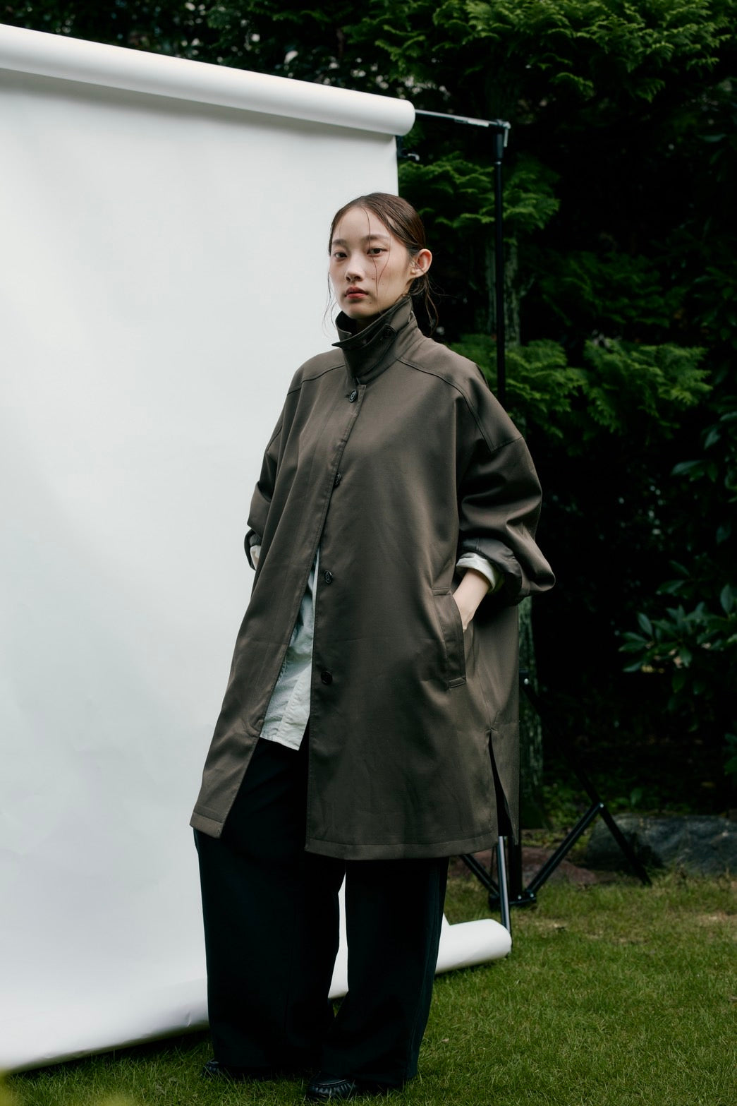 stand collar A-line coat KAK