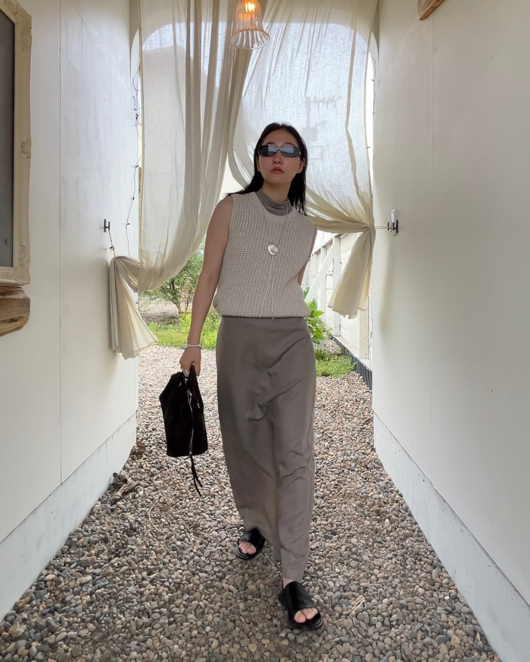 [6/4new]Smooth Straight Long Skirt  beige