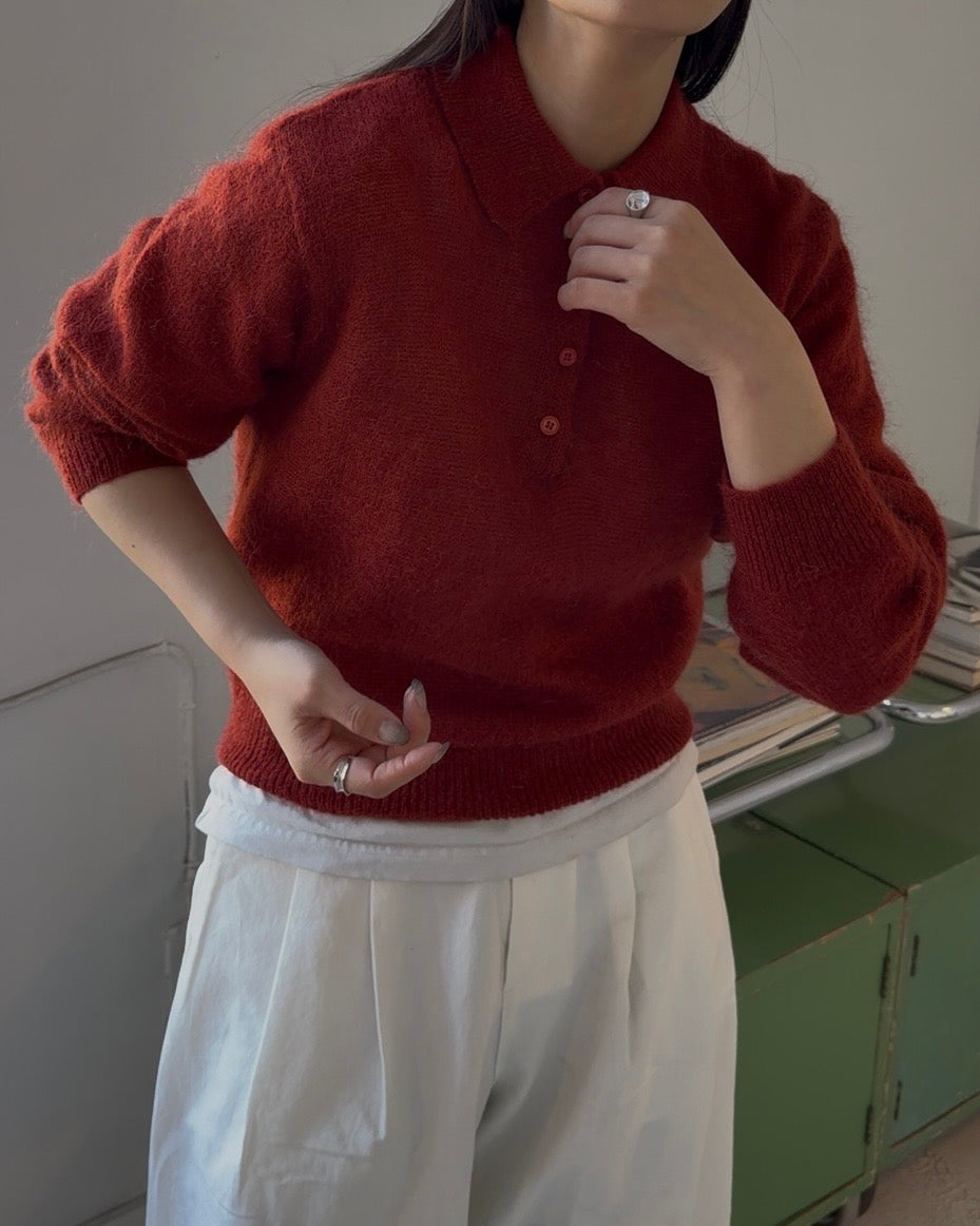 Nylon Wool Mohair Soft Polo Knit RED