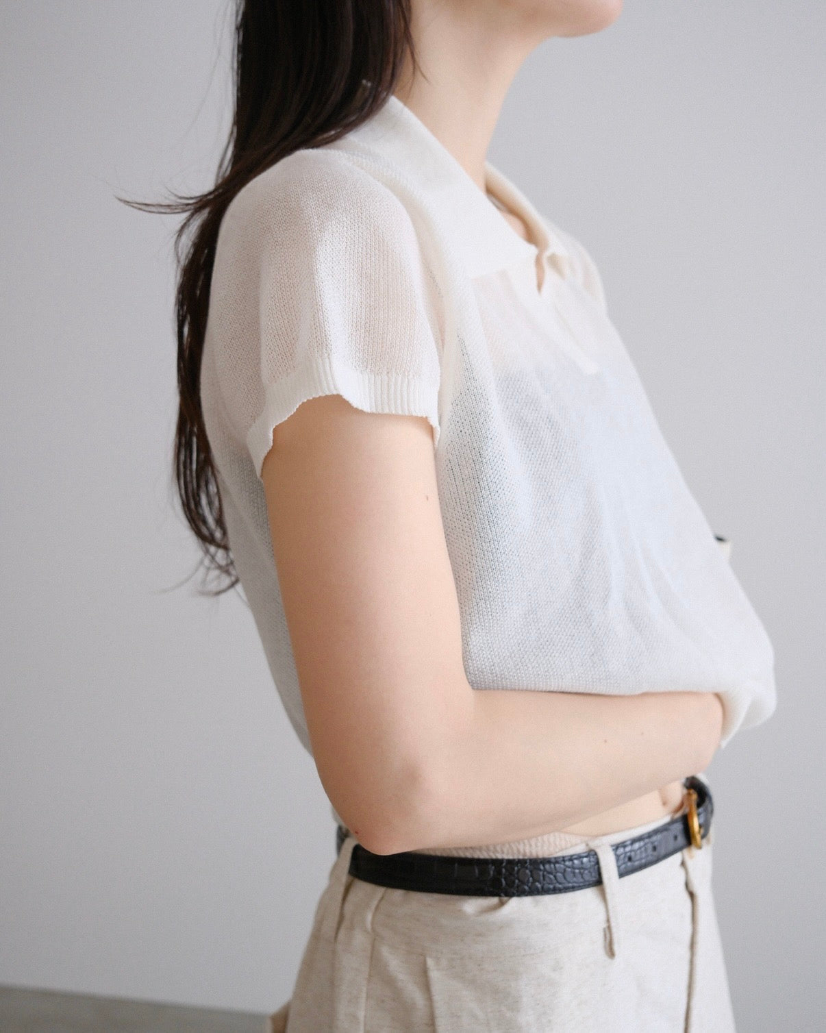 [9/10new]linen Summer Knit Polo white