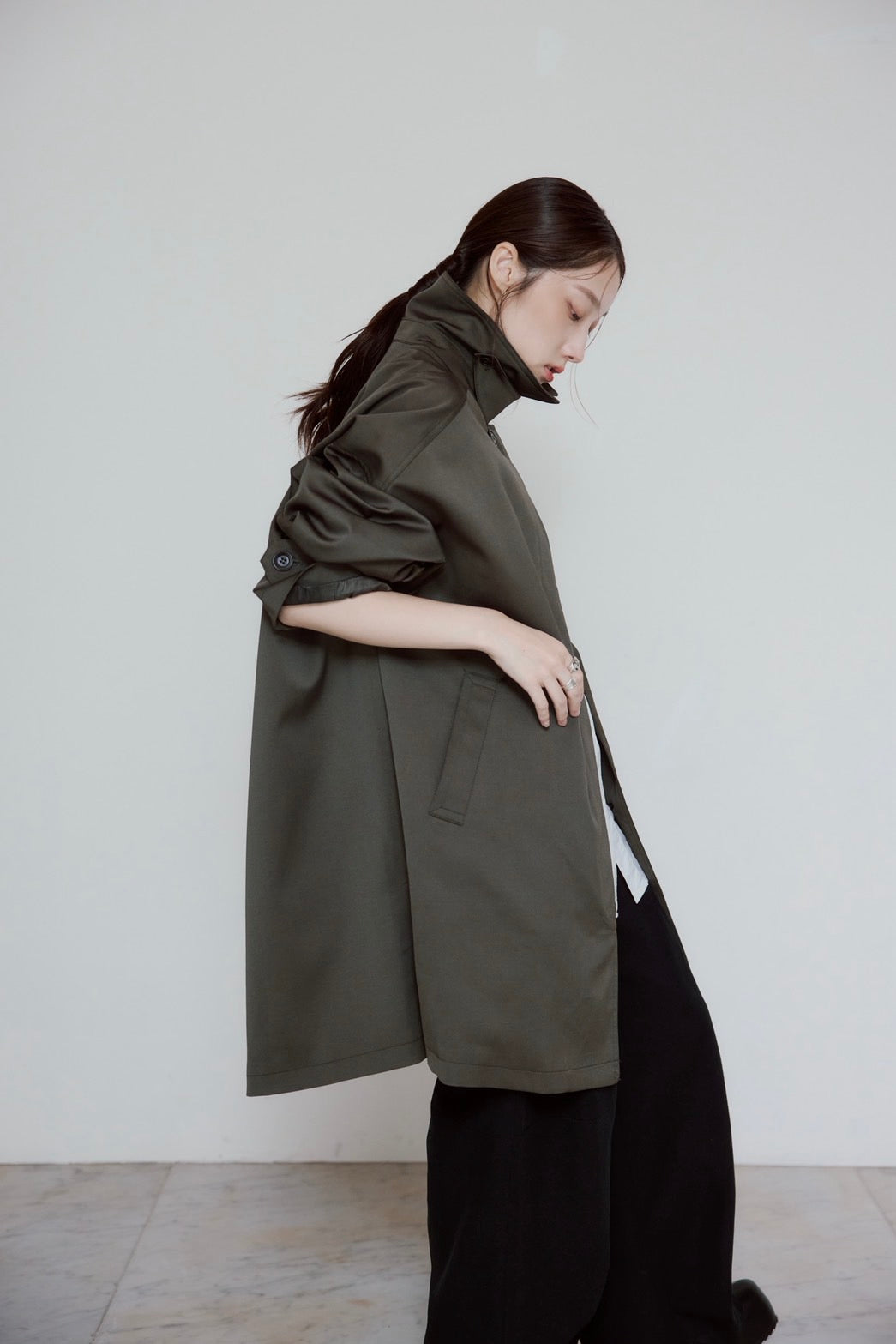 stand collar A-line coat KAK