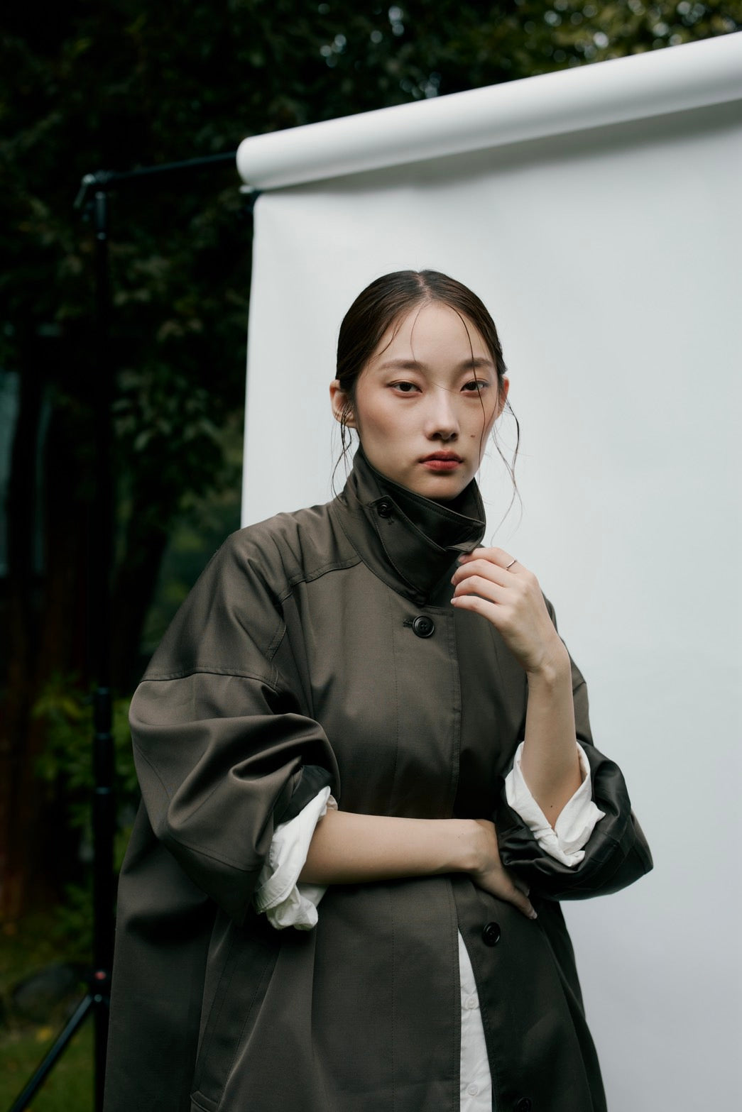stand collar A-line coat KAK