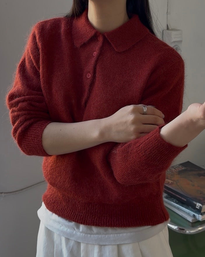 Nylon Wool Mohair Soft Polo Knit RED