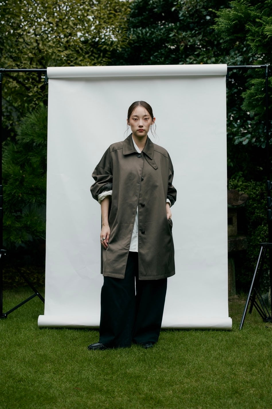 stand collar A-line coat KAK