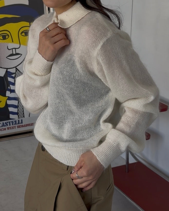 Nylon Wool Mohair Soft Polo Knit white