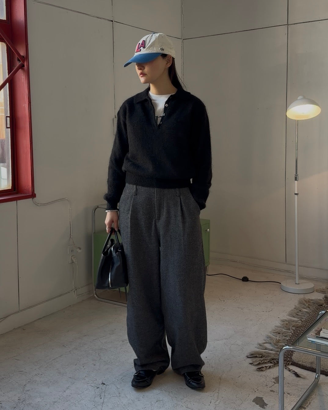 Nylon Wool Mohair Soft Polo Knit BLACK