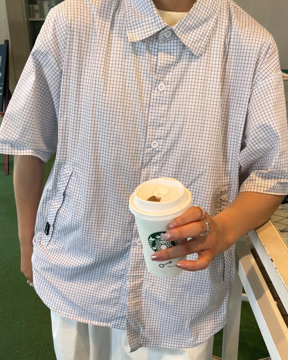 [予約]Gingham Check Short-Sleeve Shirt white 8月中旬～下旬入荷