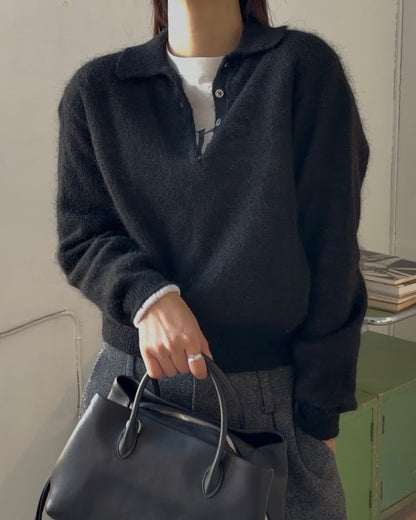 Nylon Wool Mohair Soft Polo Knit BLACK