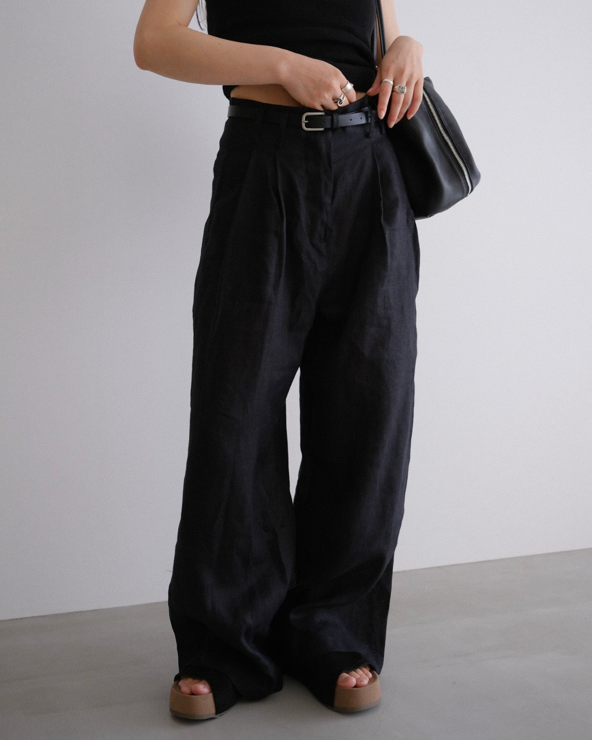 [8/20new]full linen belt pants black