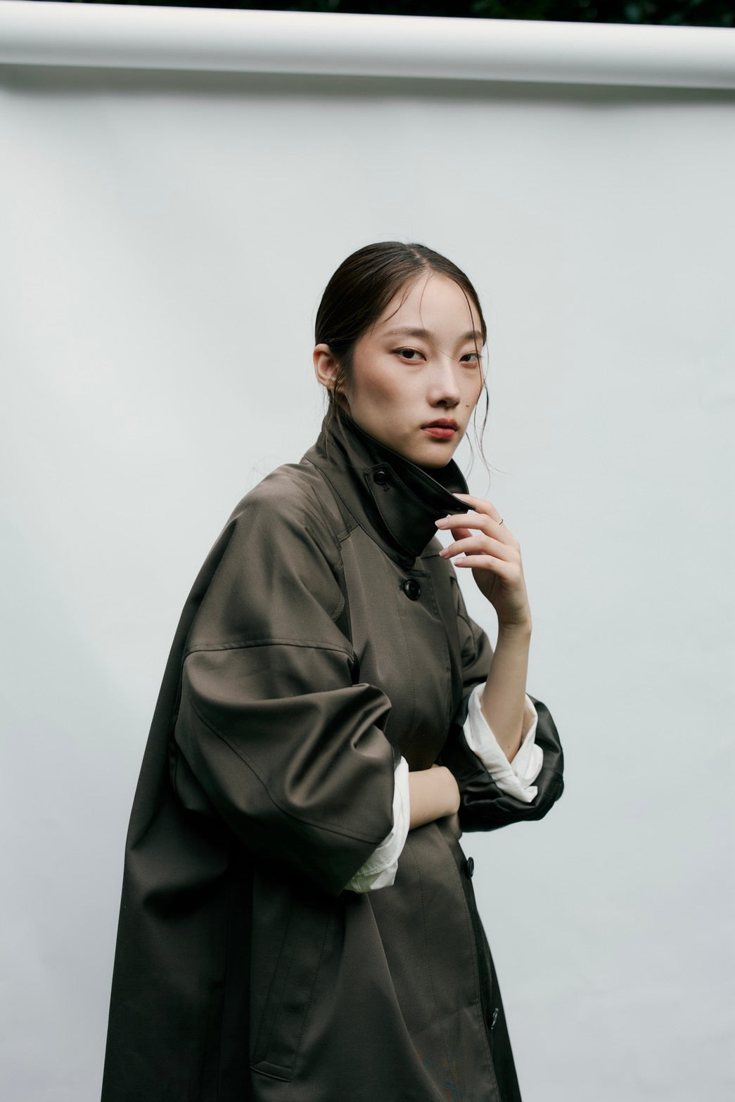 stand collar A-line coat KAK