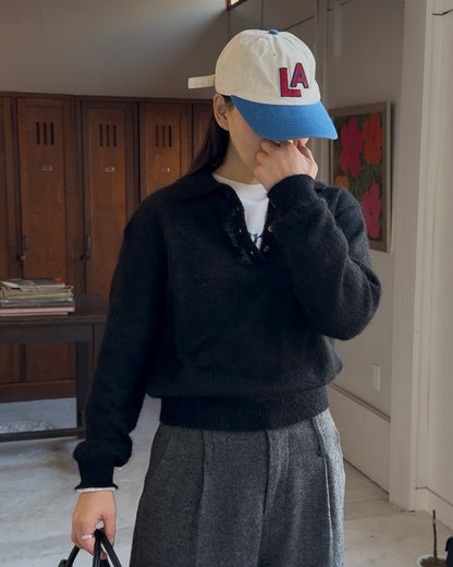 Nylon Wool Mohair Soft Polo Knit BLACK