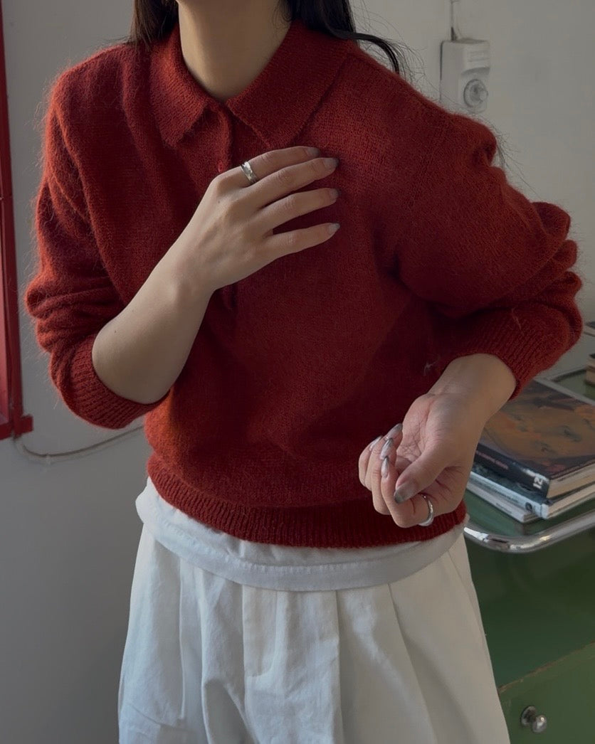 Nylon Wool Mohair Soft Polo Knit RED