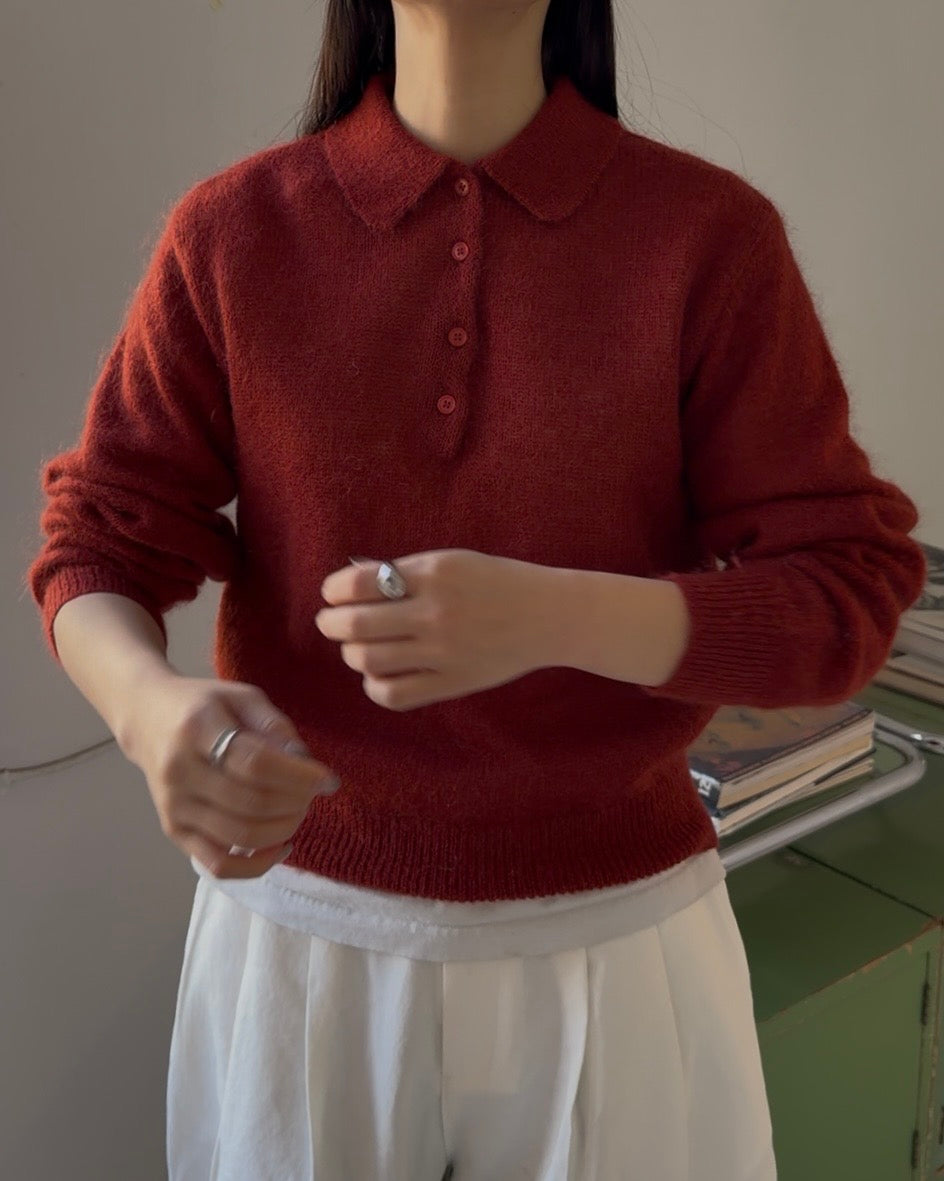 Nylon Wool Mohair Soft Polo Knit RED