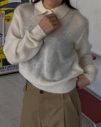 Nylon Wool Mohair Soft Polo Knit white