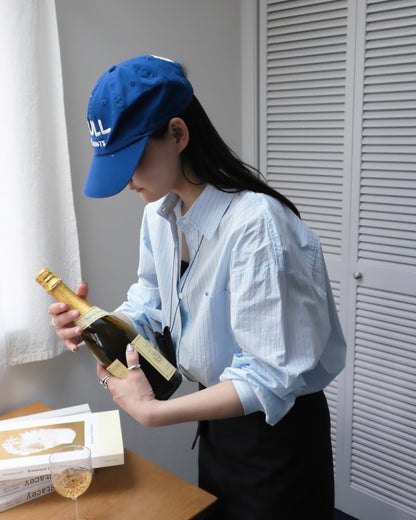 [4/9 new]Cotton Stripe Loose Shirt blue