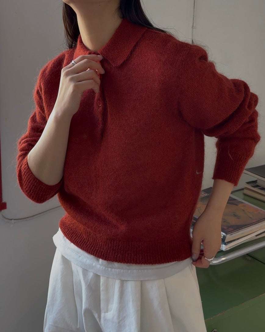 Nylon Wool Mohair Soft Polo Knit RED