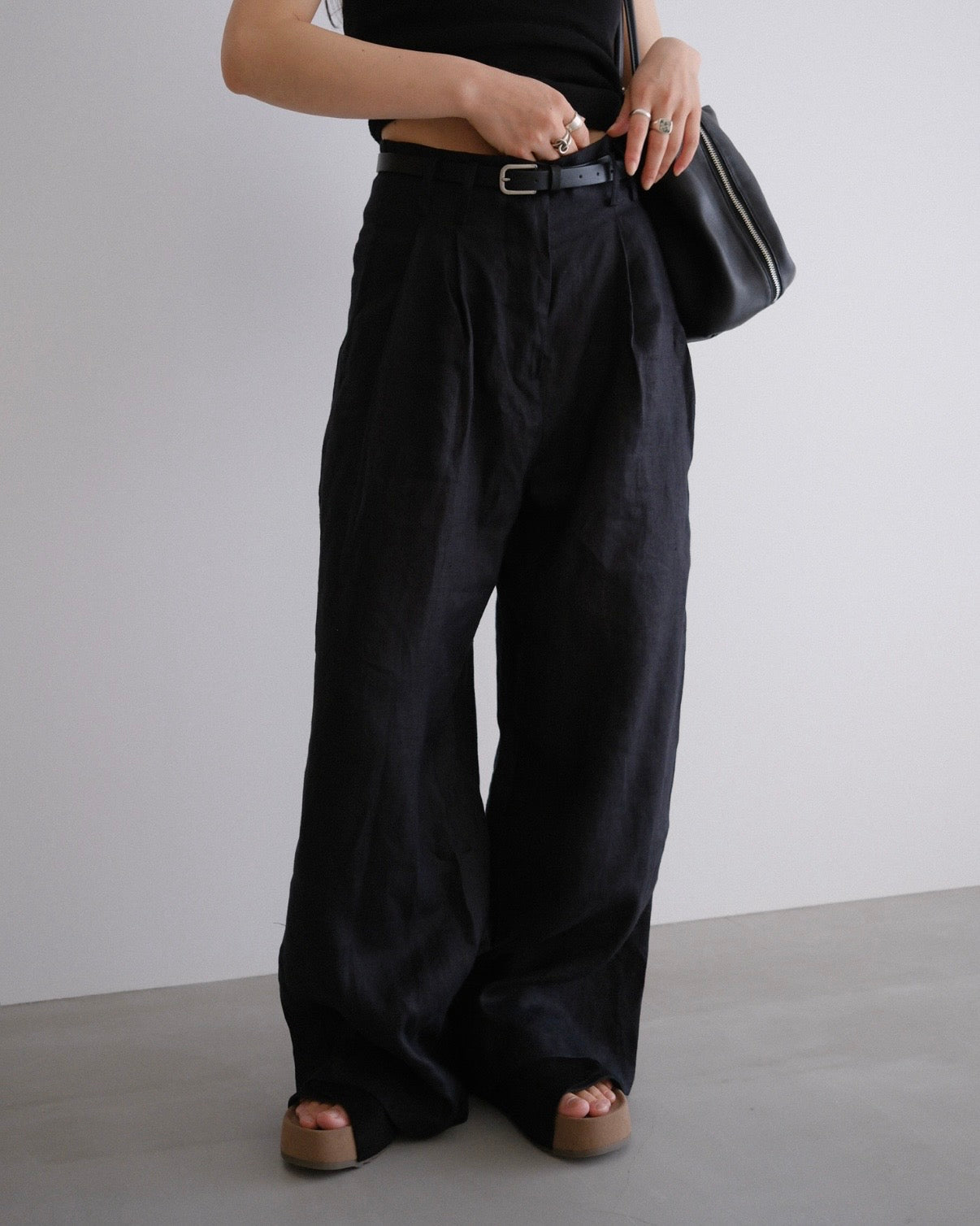 [8/20new]full linen belt pants black