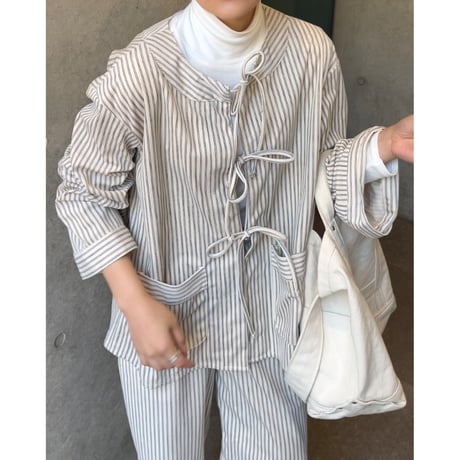 stripe corduroy ribbon blouse